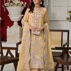 Pakistani Indian Bollywood Yellow Purple Embroider 3 pc-Plain straight leg pants